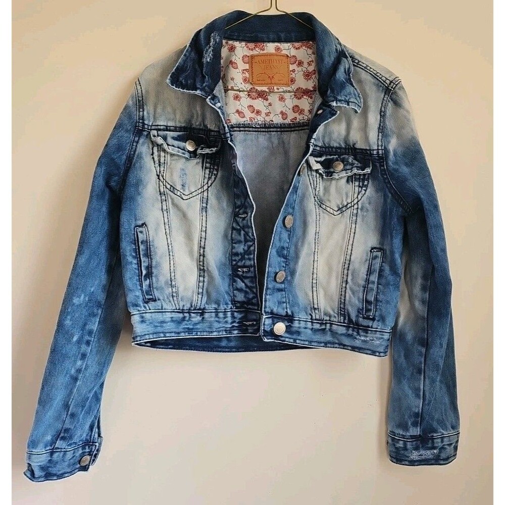 Amethyst Girls  Jean Jacket Cropped Distressed Denim Thick Stitch Size XL